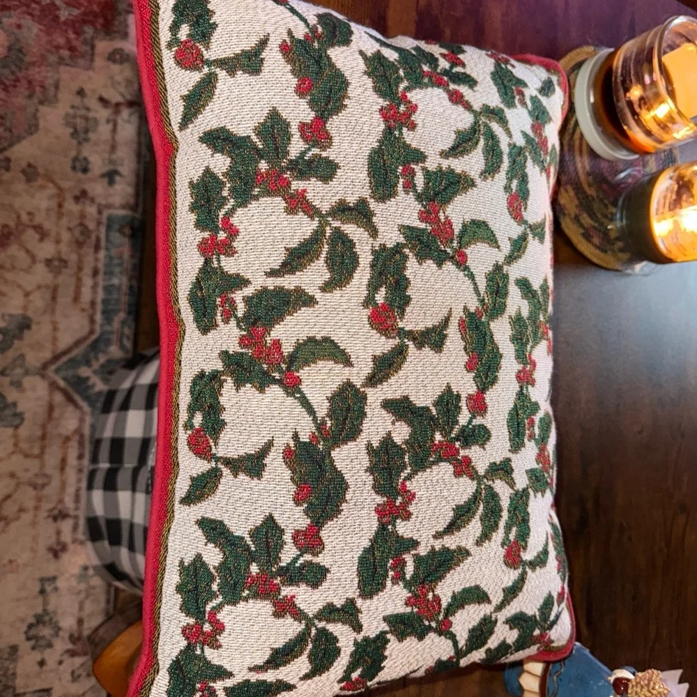 Holiday Tapestry Throw Pillow Red Holly Berries With Green Leaves 17” X 9” - Picture 2 of 3